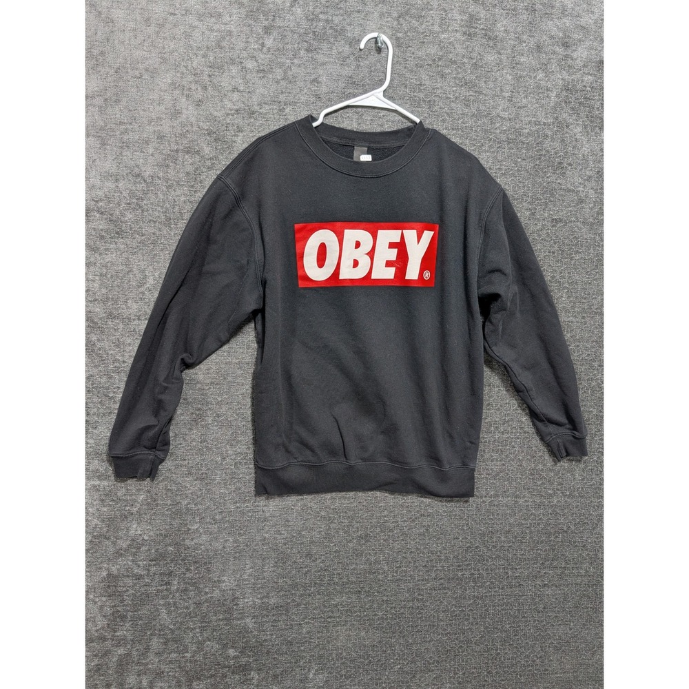 Obey Mens Box Logo Crewneck Sweatshirt Black Red Graphic Pullover Size L 1153